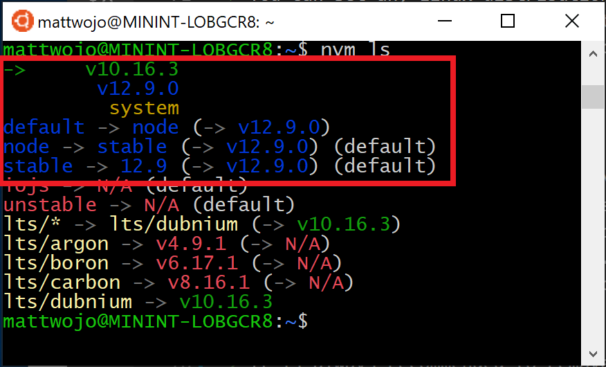 nvm-Liste mit LTS und aktuellen Node-Versionen