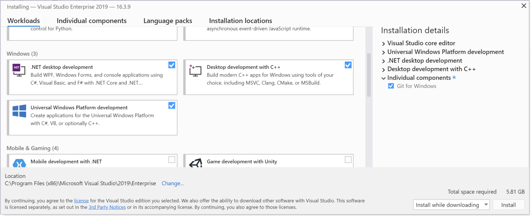 „.NET-Desktopentwicklung“, „Desktopentwicklung mit C++“ und „Entwicklung für die universelle Windows-Plattform“