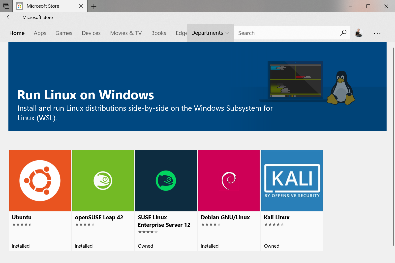 Ansicht der Linux-Verteilungen im Microsoft Store