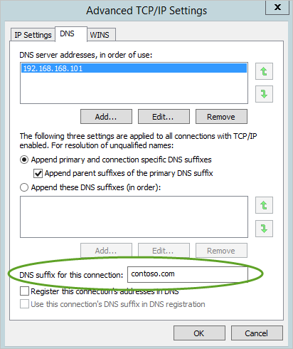 Konfigurieren Sie das DNS-Suffix in erweiterten TCP/IP-Einstellungen.