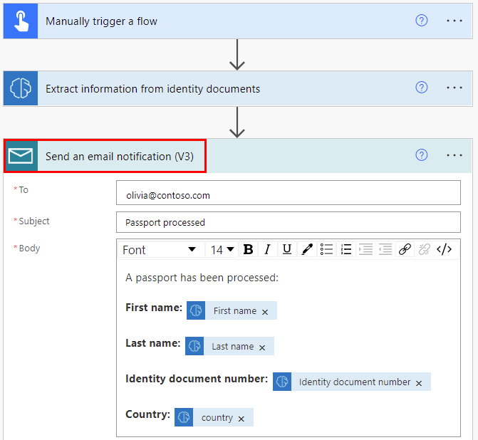 Screenshot eines Connectors zum Senden einer E-Mail in einem manuell ausgelösten Schritt zum Extrahieren von Informationen in einem Flow.