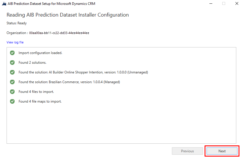 Screenshot der Zusammenfassung der Konfiguration des AI Builder Vorhersage Dataset Installers.