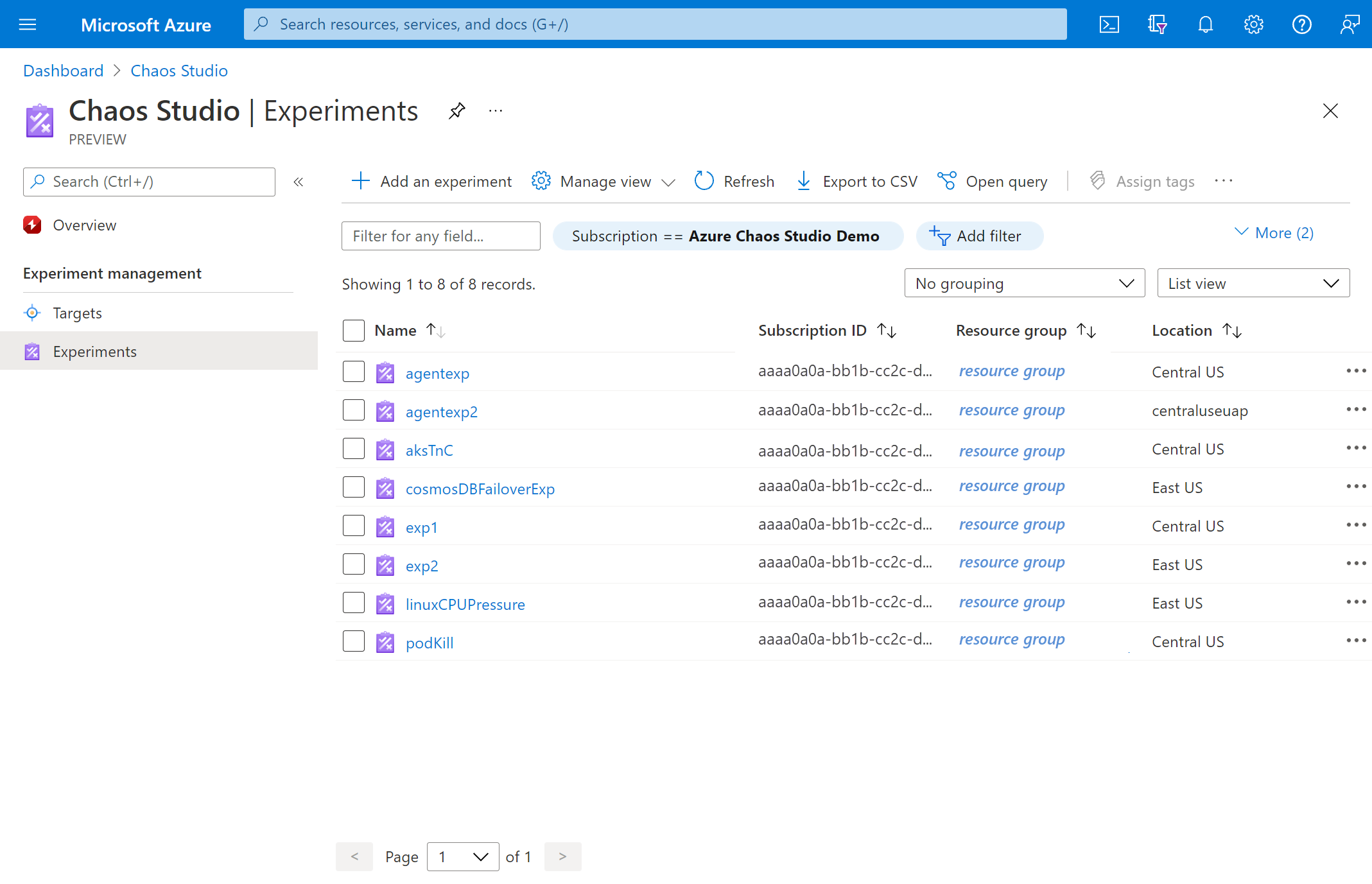 Screenshot, der die Ansicht „Experimente“ im Azure-Portal zeigt.