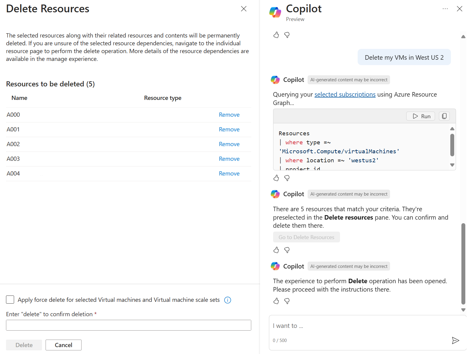 Screenshot: Reaktion von Copilot in Azure auf eine Anforderung zum Löschen von VMs