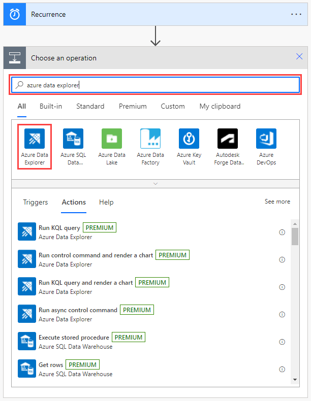 Screenshot: Fenster „Vorgang auswählen“ mit hervorgehobenem Suchfeld und hervorgehobener Option „Azure Data Explorer“