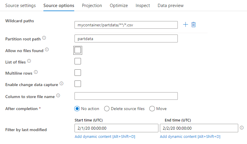 Screenshot: Registerkarte mit Optionen für die Quelle in der Quellentransformation im Zuordnungsdatenfluss