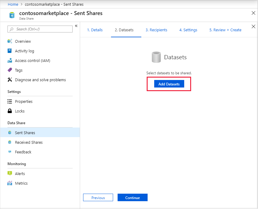 Screenshot der Seite „Datasets“ in der Erstellung der Freigabe mit der hervorgehobenen Schaltfläche „Datasets hinzufügen“.