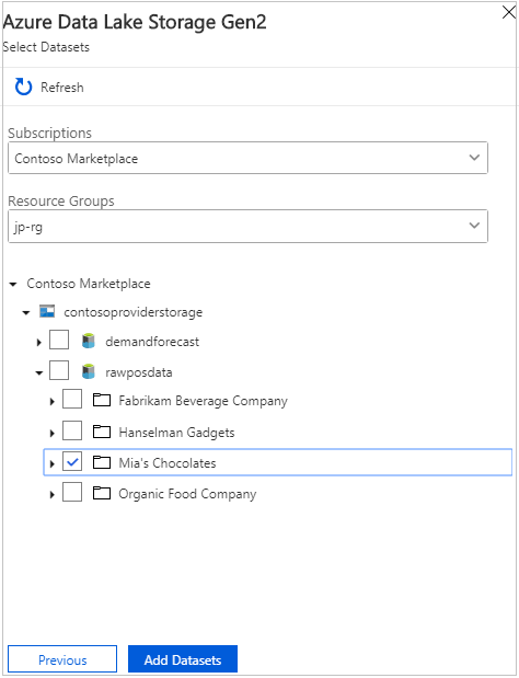 Screenshot der Seite „Datasets auswählen“ mit einem ausgewählten Ordner