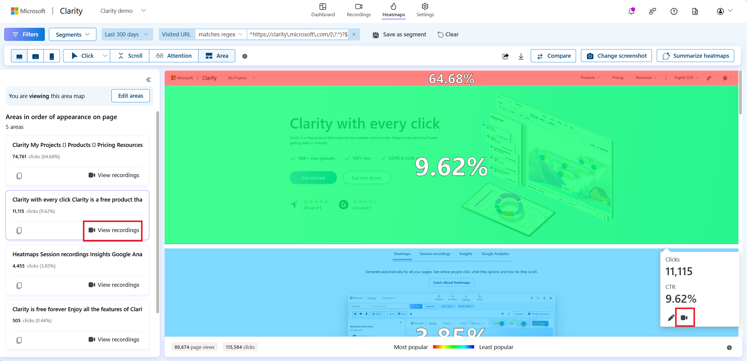 Area maps clicked element view.