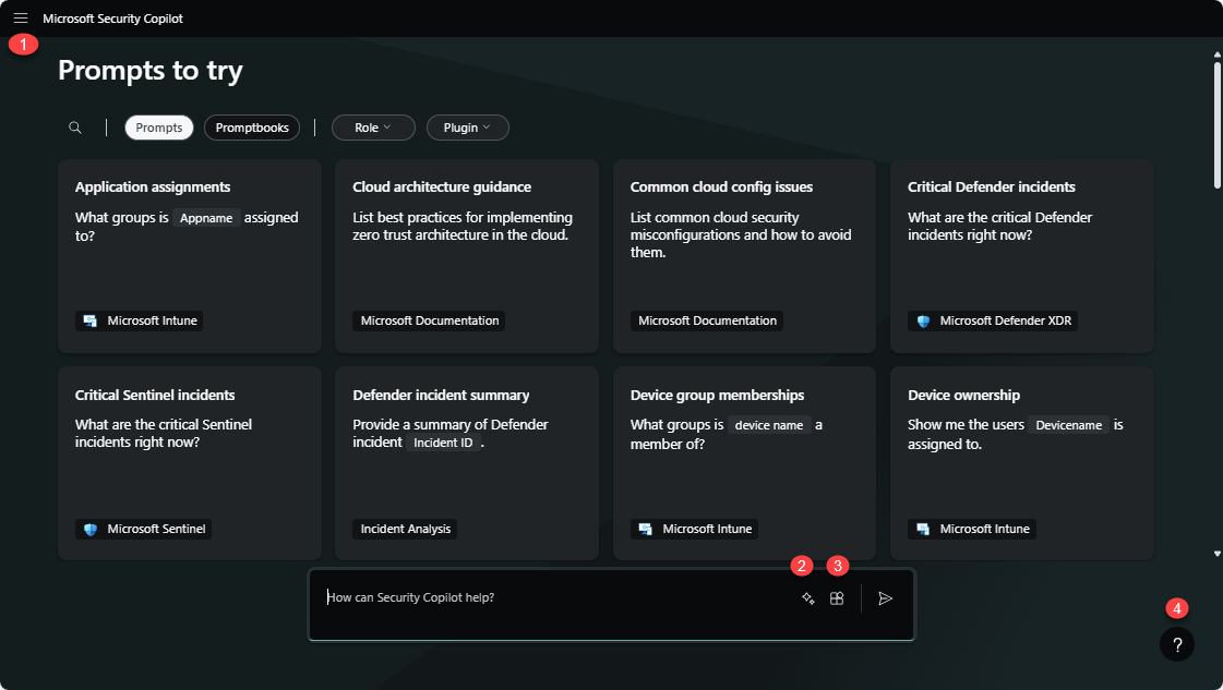 Screenshot: Startbildschirm mit nummerierten Speicherorten für Das Startmenü, Plug-Ins, Eingabeaufforderungsleiste und Hilfesymbol