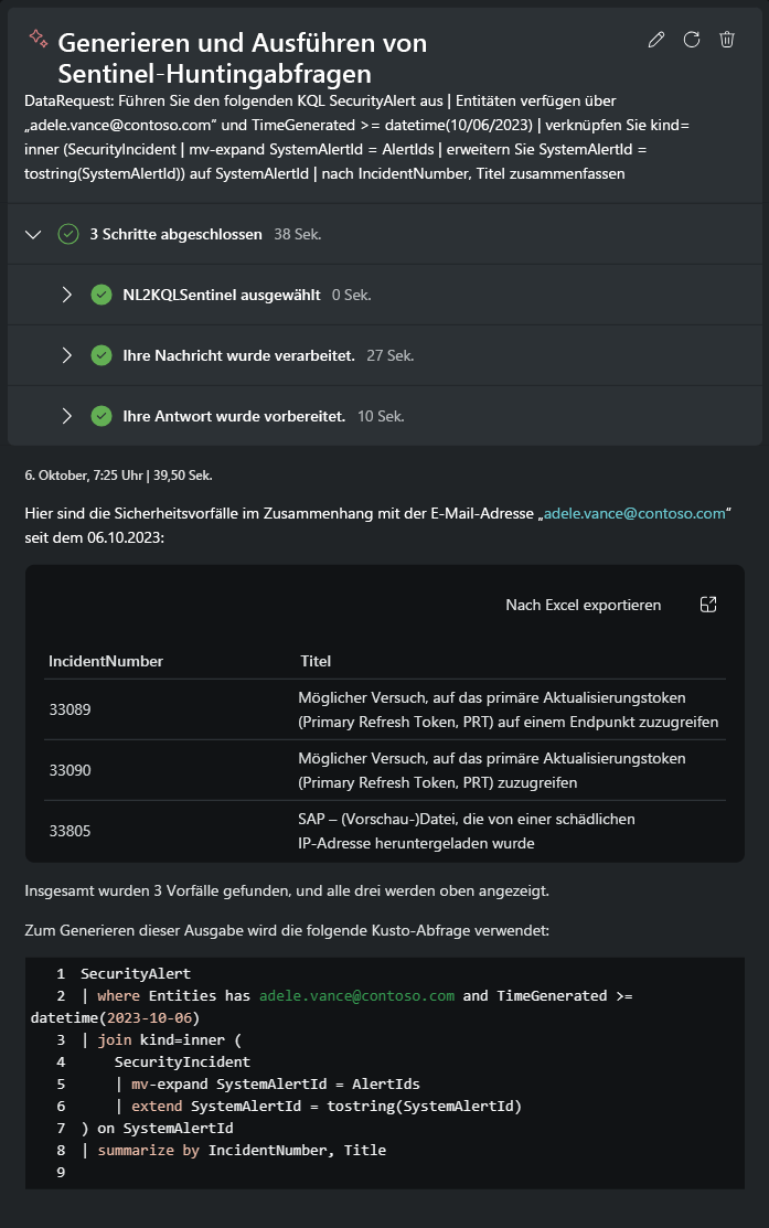 Screenshot: Ergebnisse von Microsoft Sentinel Huntingabfragen