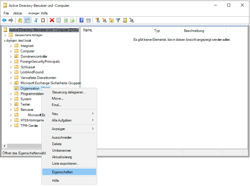 Screenshot der Auswahl der Domänen- oder Organisationseinheitseigenschaften.