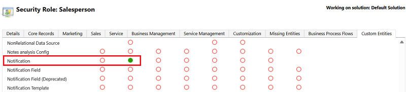 Screenshot der Registerkarte „Benutzerdefinierte Entität“ mit hervorgehobener Benachrichtigungsentität