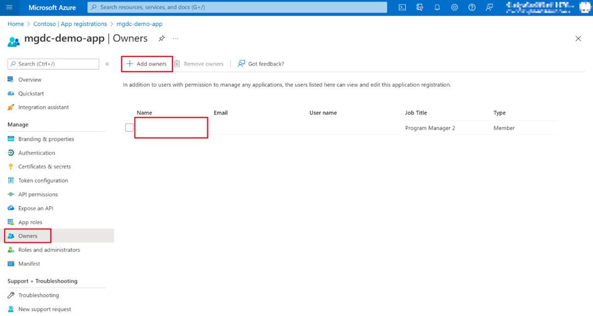 Screenshot, der einen Benutzer zeigt, der als Besitzer für die Anwendungsregistrierung im Azure-Portal festgelegt ist.