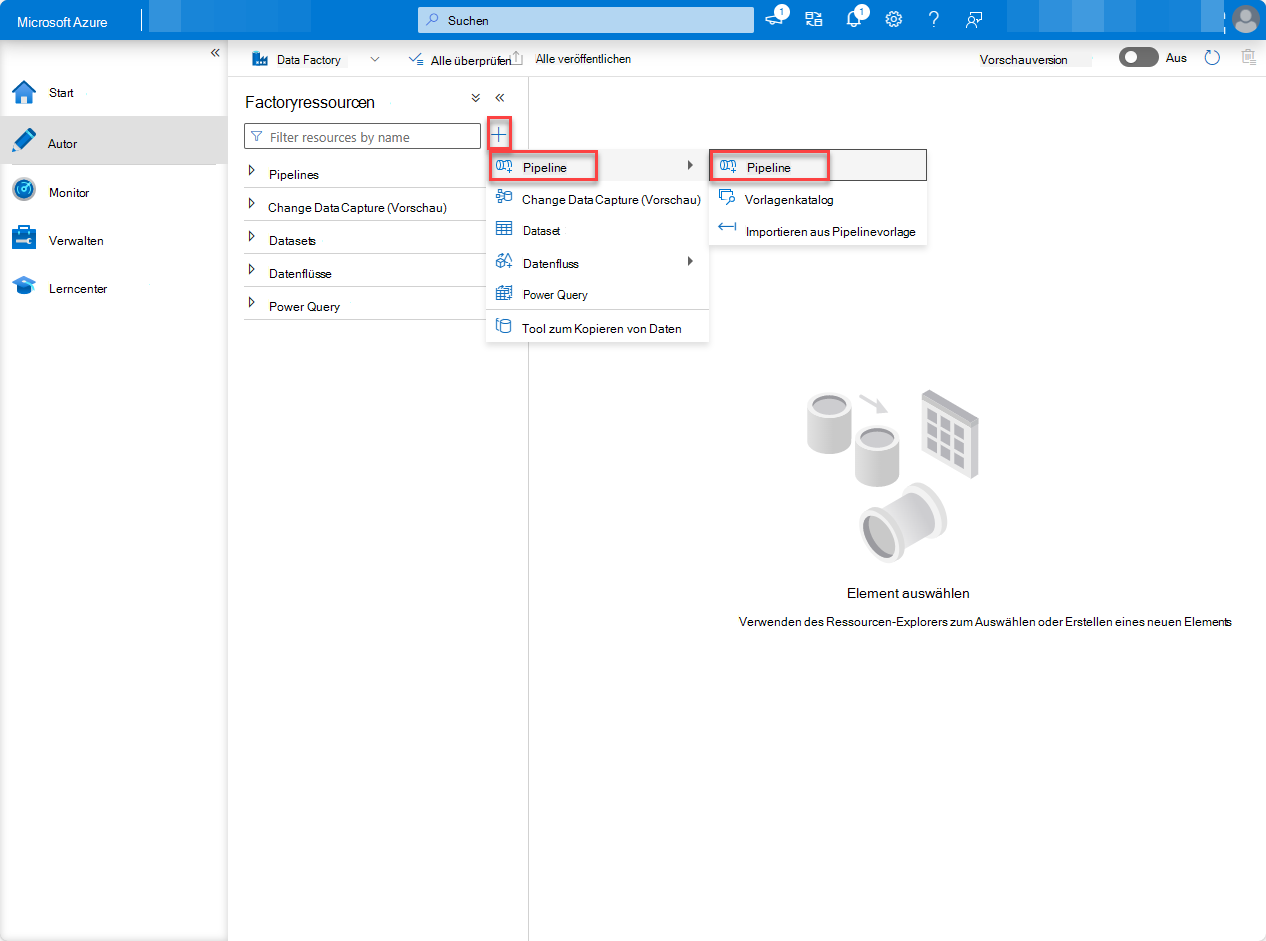 Screenshot: Seite des Data Factory-Diensts im Azure-Portal mit hervorgehobener Pipeline