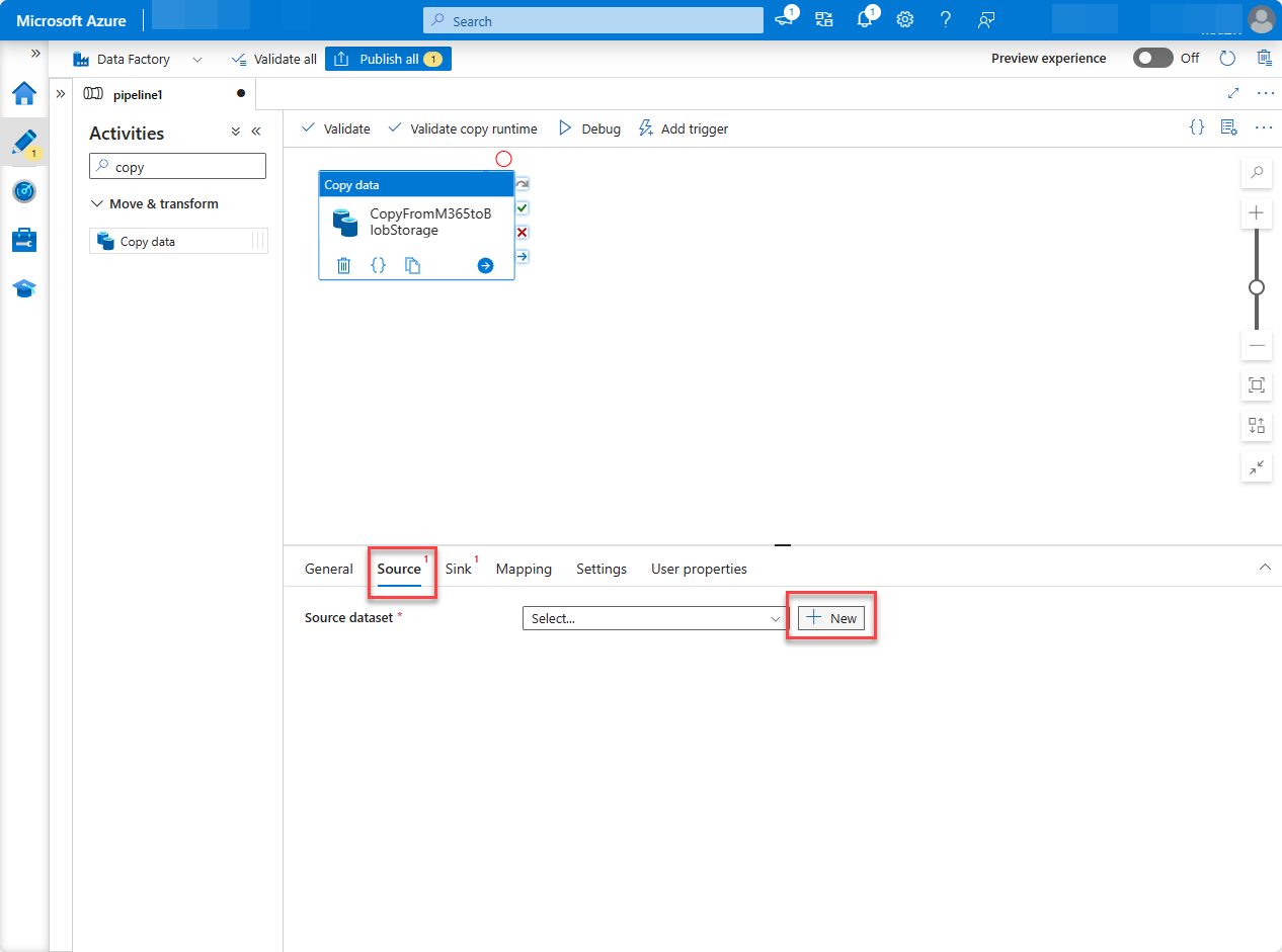 Screenshot der Seite des Data Factory-Diensts im Azure-Portal mit dem Erstellen einer neuen Pipelinequelle.