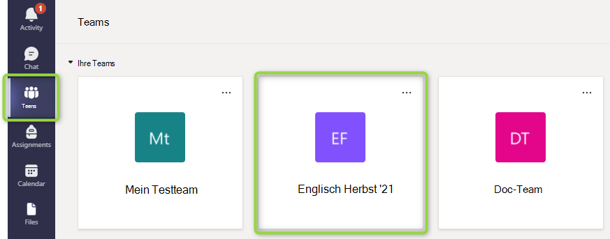 Screenshot: Ausgewähltes Team im Teams-Navigationselement