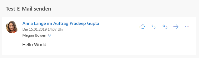 Screenshot von Outlook im Web, in dem angegeben wird, dass eine Nachricht von einem Benutzer im Auftrag eines anderen Benutzers gesendet wurde