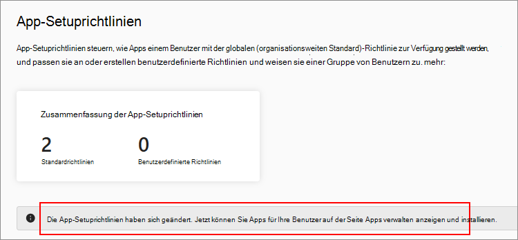 Screenshot: Aktualisierte Setuprichtlinienseite ohne App-Installationsoption.