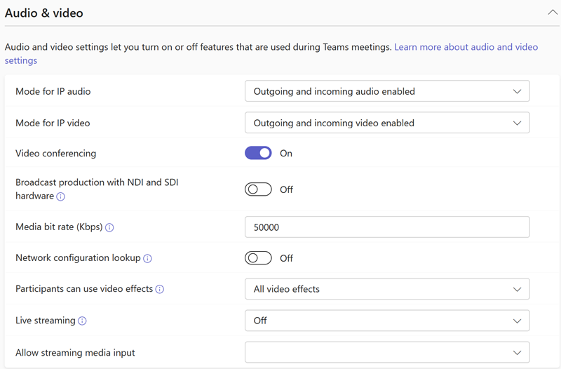 Screenshot der Audio- und Videorichtlinien für Teams-Besprechungen im Teams Admin Center.
