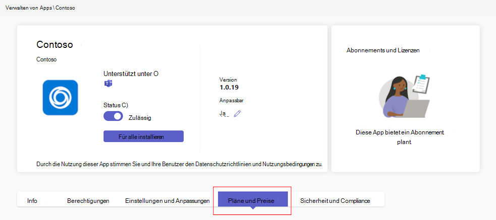 Screenshot: kostenpflichtige Pläne einer App im Teams Admin Center