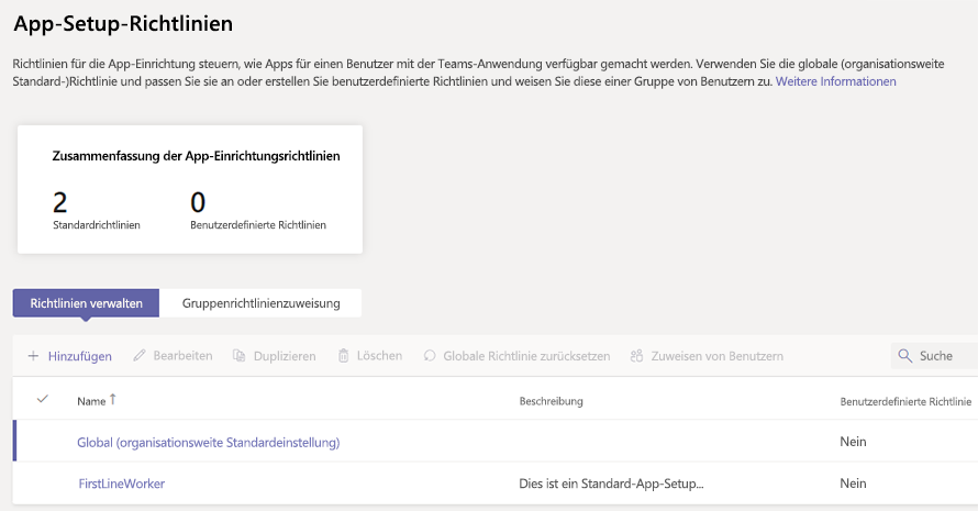 Screenshot der App-Setuprichtlinie.