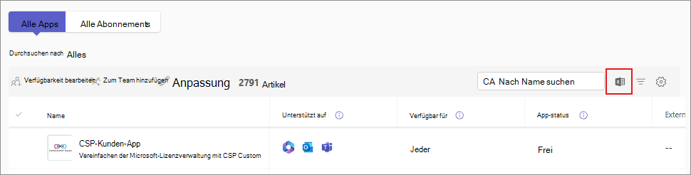 Screenshot: Option zum Exportieren des App-Katalogs als CSV-Datei