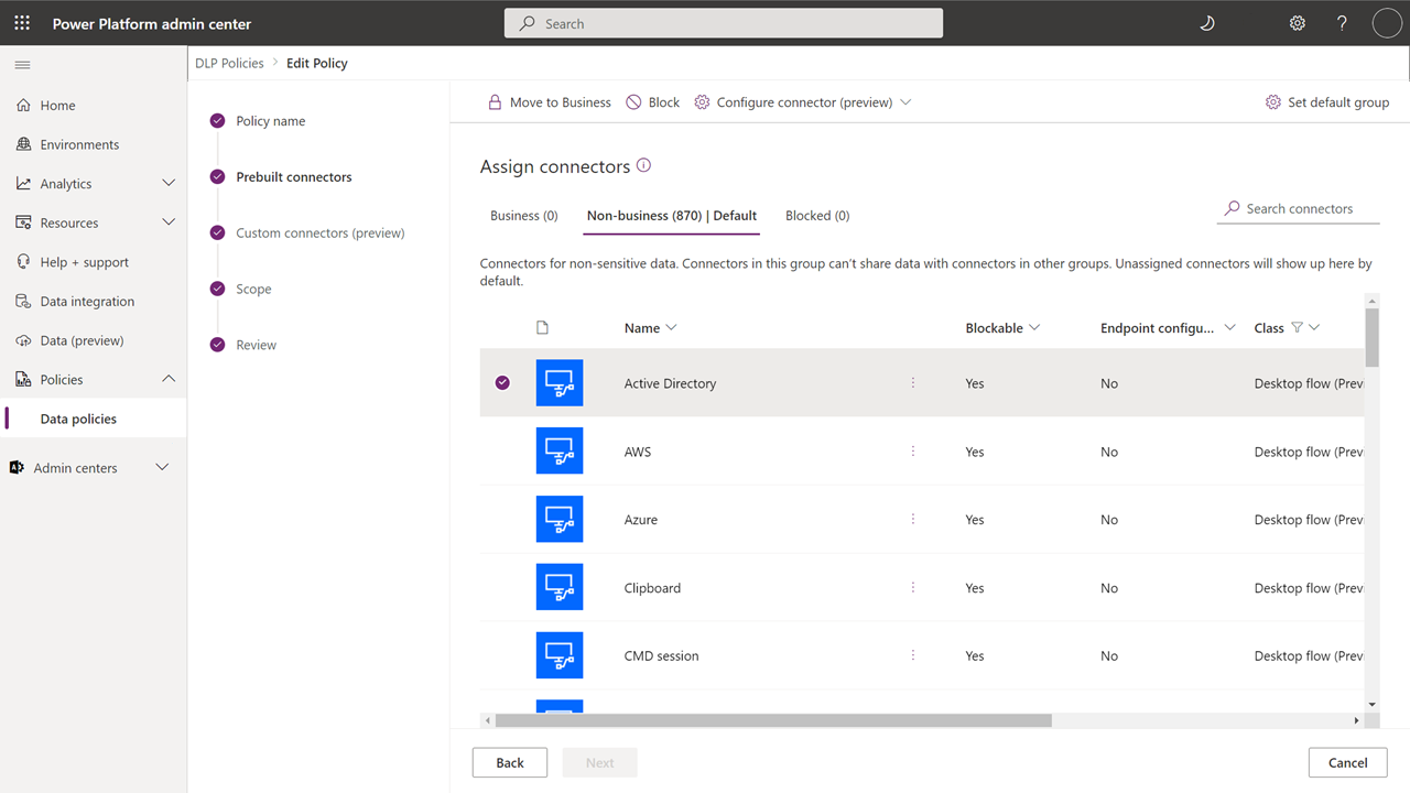 Screenshot einer DLP-Richtlinie, die gerade im Power Platform Admin Center erstellt wird.