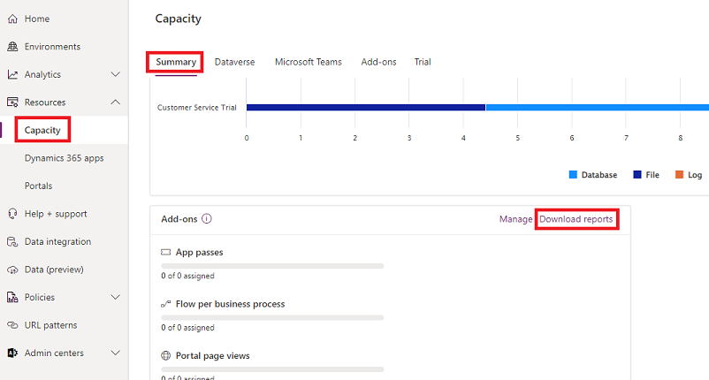 Screenshot mit der Seite „Kapazität“ im Power Platform Admin Center und hervorgehobenem Link zum Herunterladen von Berichten