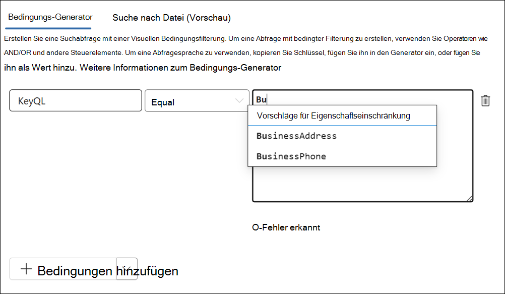 Der KeyQL-Editor schlägt unterstützte Eigenschaften vor.