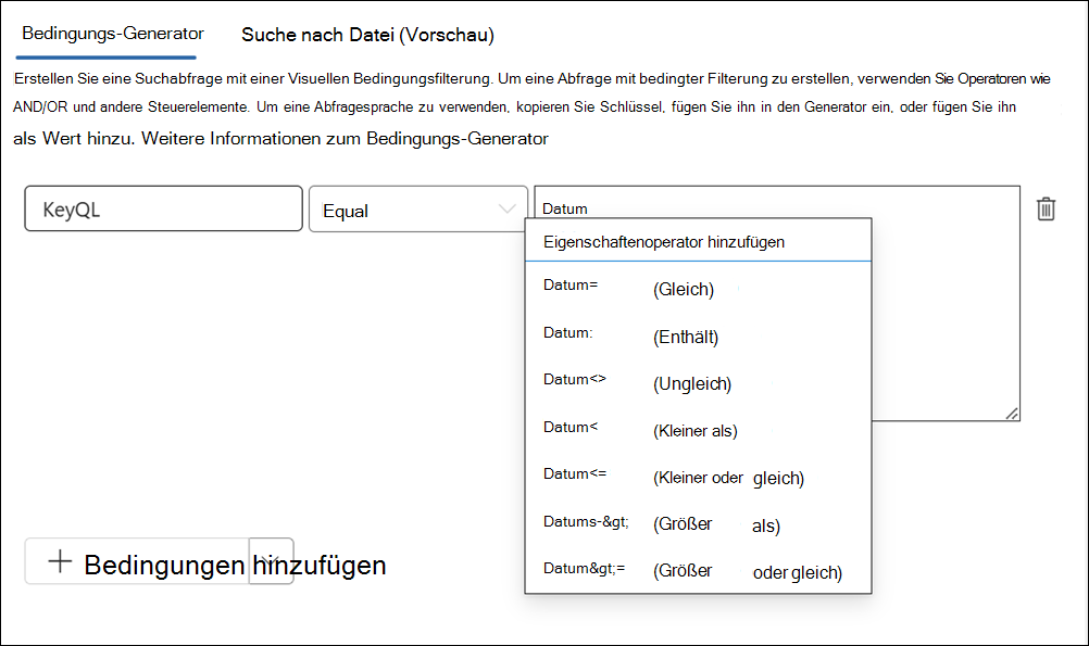 Der KeyQL-Editor schlägt Operatoren vor.