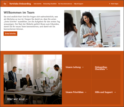 Screenshot der Websitevorlage für das Onboarding neuer Mitarbeiter in SharePoint.