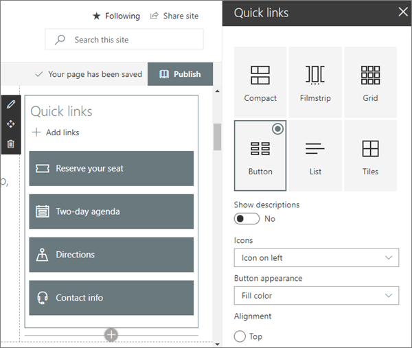 Abbildung des Quicklinks-Webparts