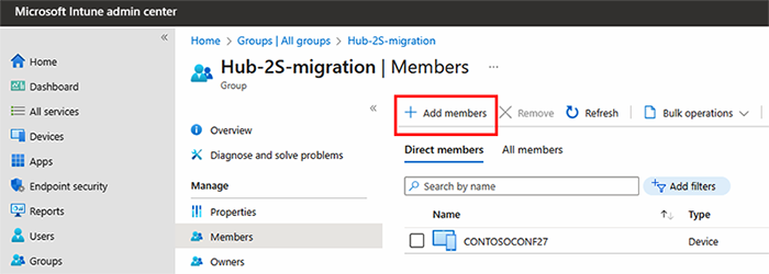 Screenshot: Hinzufügen von Mitgliedern zu einer Sicherheitsgruppe in Intune Admin Center