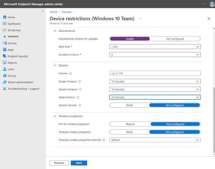 Screenshot: Konfiguration der Surface Hub-Einstellungen mit Intune Profil für Geräteeinschränkung