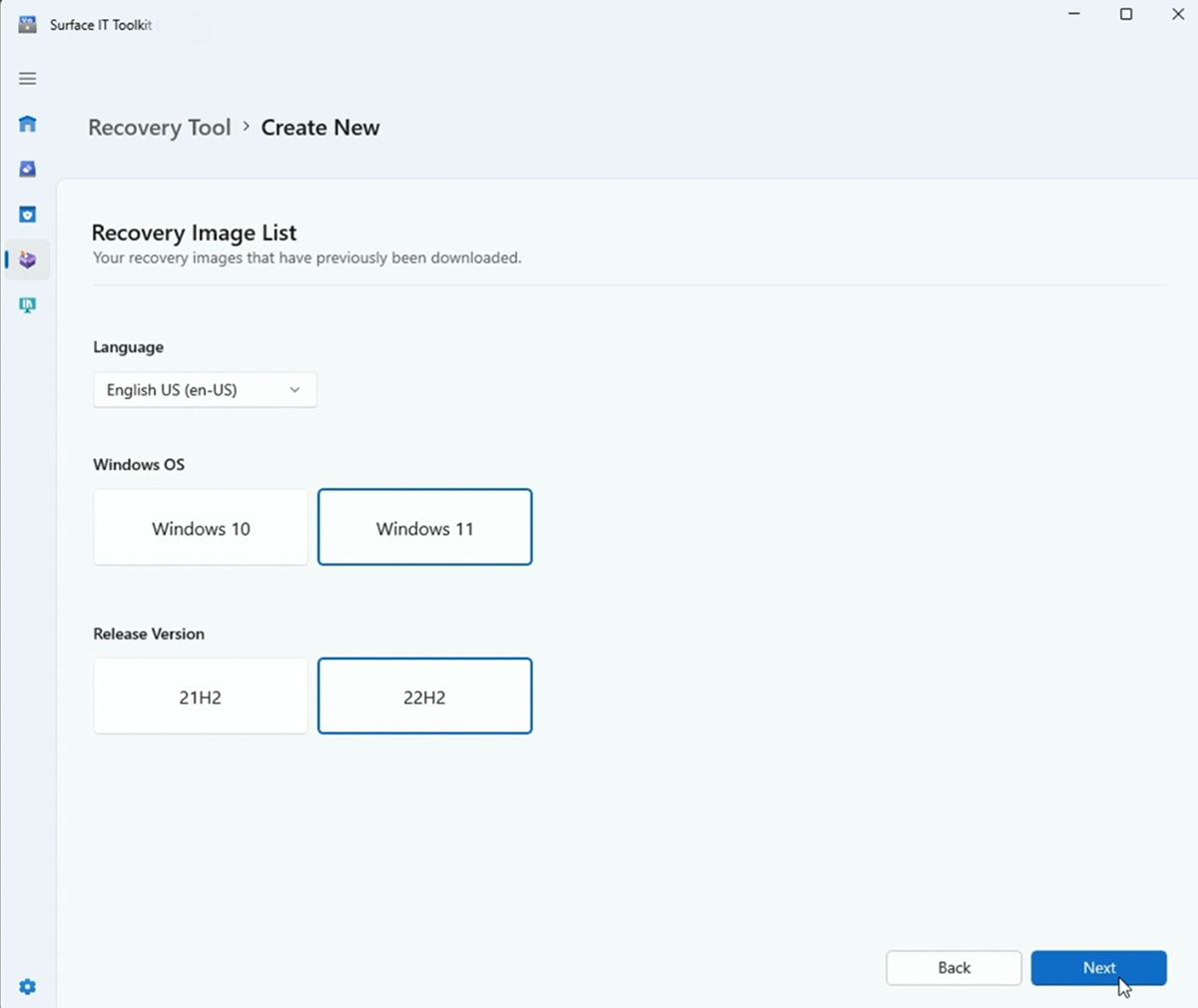 Screenshot der Seite zur Auswahl der Sprache, des Betriebssystems und der Windows-Version.