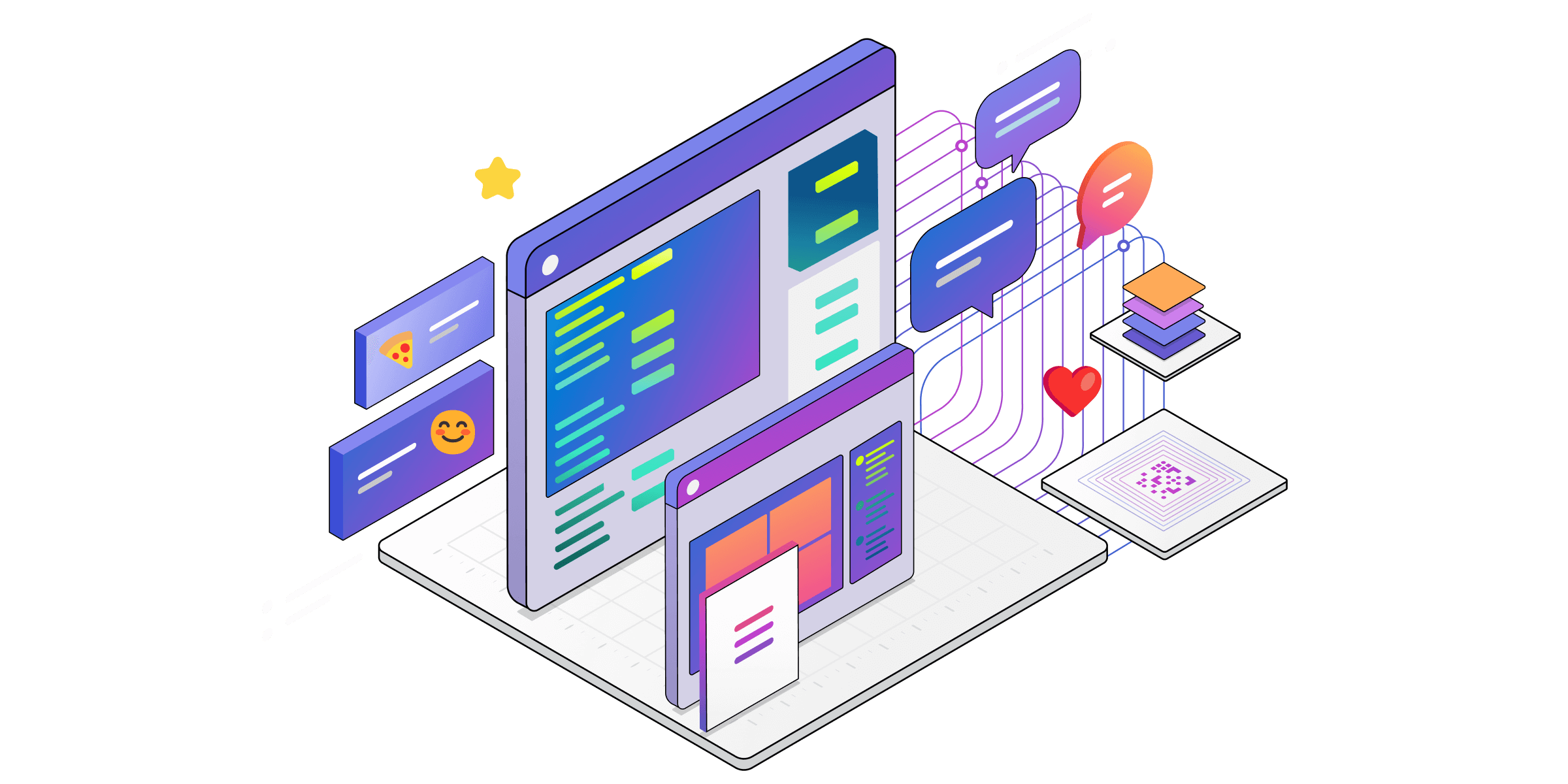 Eine isometrische Illustration technischer Komponenten für Teams-Dienste.