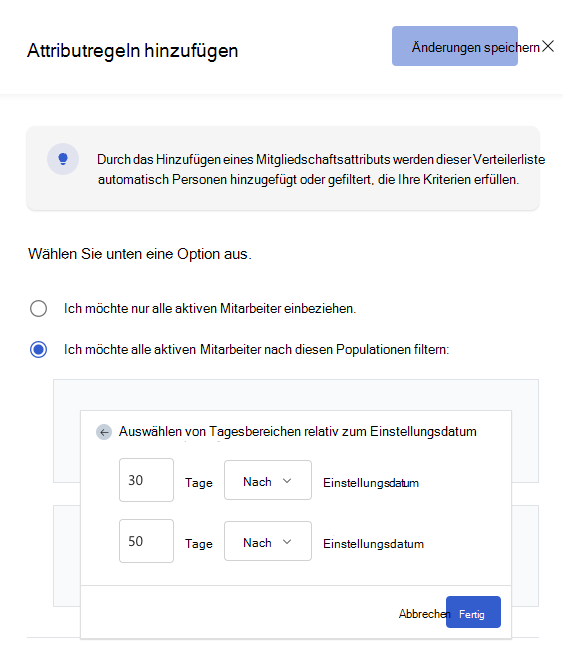 Screenshot einer Viva Glint datumsbasierten Verteilerliste für eine 30-tägige Onboarding-Umfrage.