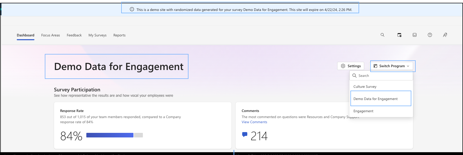 Screenshot der Darstellung des Demo Data for Engagement-Programms auf der Administrator-Dashboard.