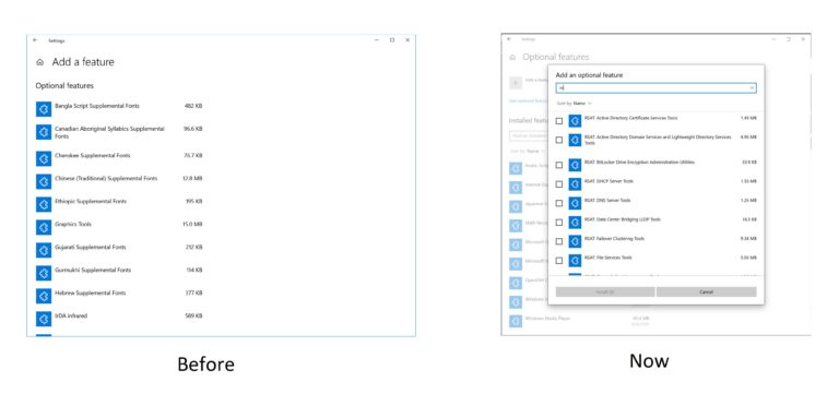 Verbessern der Seite Optionale Features in den Einstellungen.