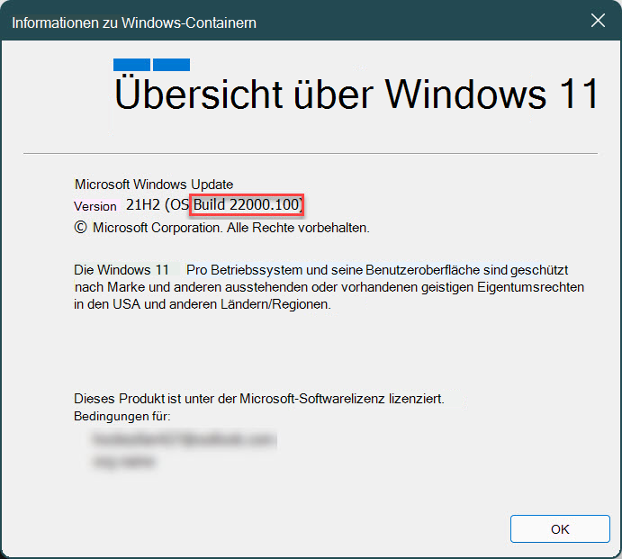 Das Über Windows-Modul, das angezeigt wird, wenn der Winver-Befehl ausgeführt wird und den Build 22000.100 hervorhebung, auf dem sich das Gerät befindet.