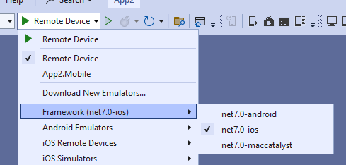 Visual Studio-Dropdown zum Auswählen eines bereitzustellenden Zielframeworks