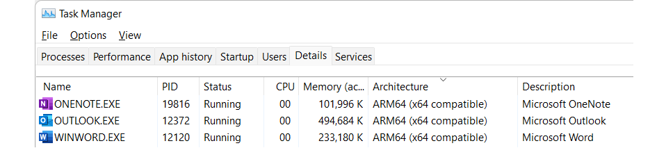 Screenshot des Task-Managers mit ARM64 (x64-kompatibel) in Den Architekturdetails.