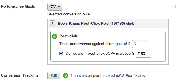 Screenshot that shows the post-click performance goals fields.