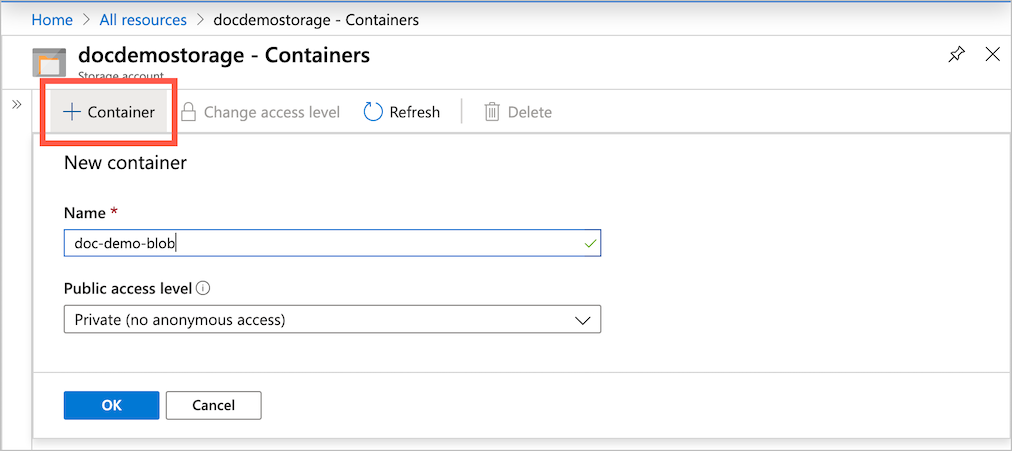 Storage blobs page with the +container button circled and a new container being created in a pop-up page