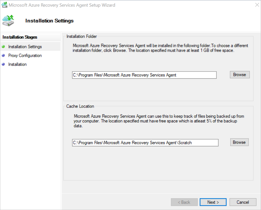 Screenshot shows how to choose installation settings in the MARS Agent Setup Wizard.