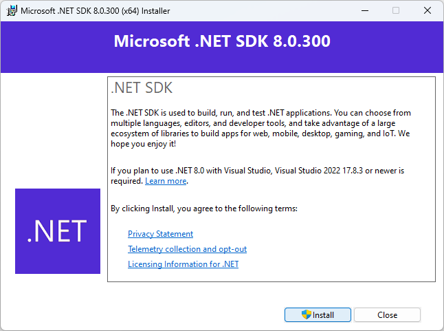 A screenshot of the .NET installer app window.