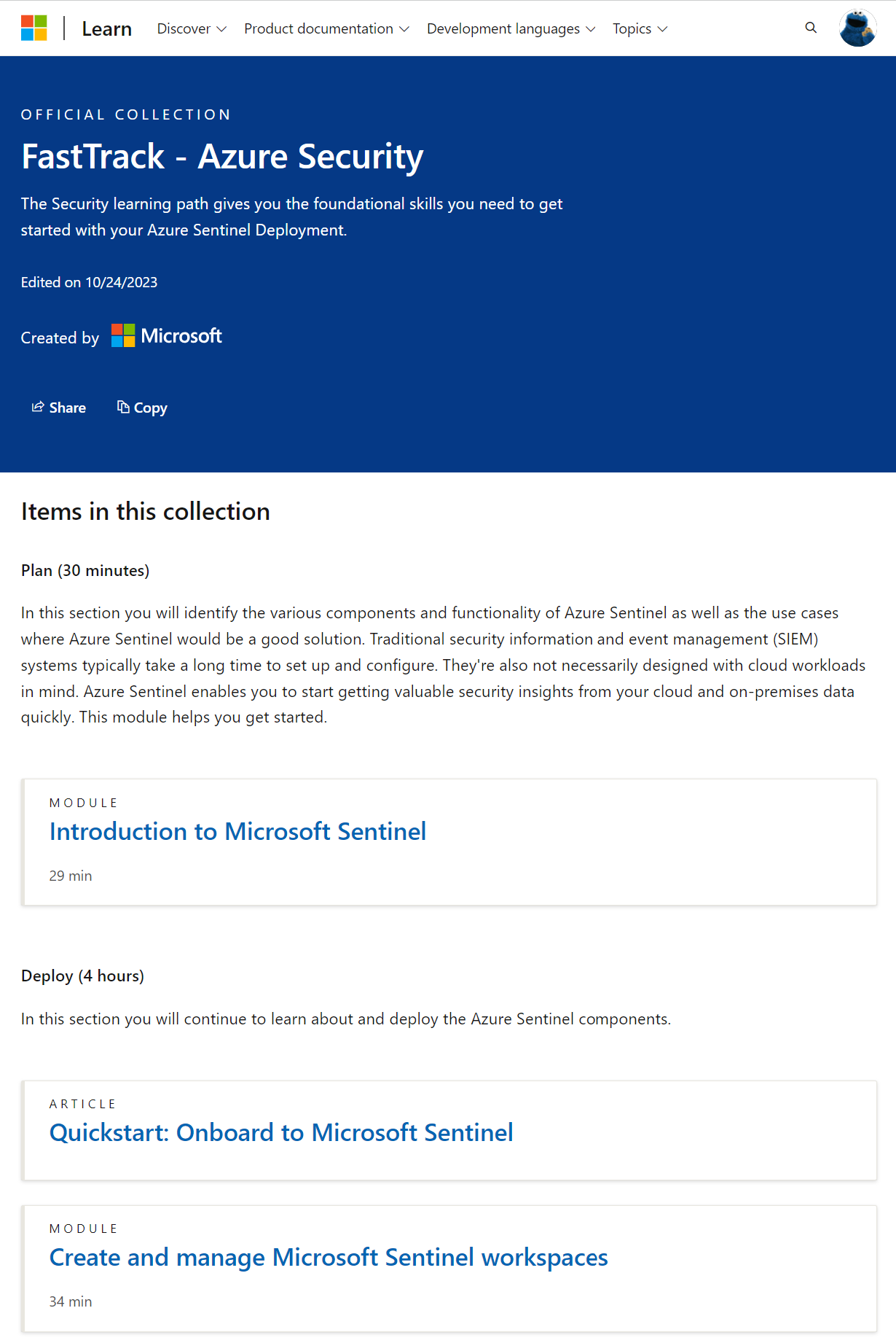 Στιγμιότυπο οθόνης της συλλογής FastTrack - Azure Security Official Collection της Microsoft