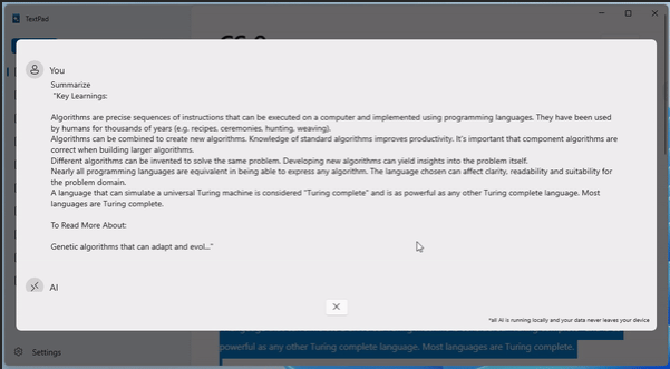 Screenshot of AI-assisted Notes Sample App showing an AI created summary.