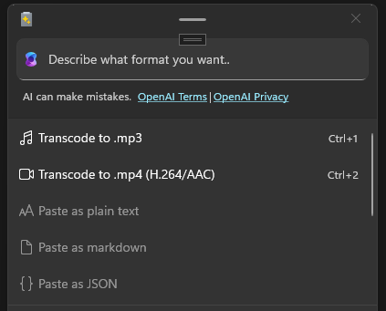 A screenshot of the PowerToys Advanced Paste window with the Transcode to .mp3 and Transcode to .mp4 (H.264/AAC) options enabled.